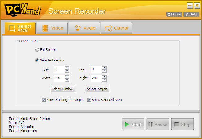 Screen Recorder start stop. Select record. Selected full